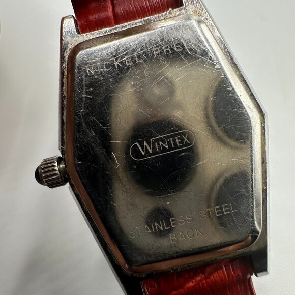 Wintex Watch Women Silver Tone Crystal Bezel Faceted Crystal Red Band Working - Picture 6 of 13